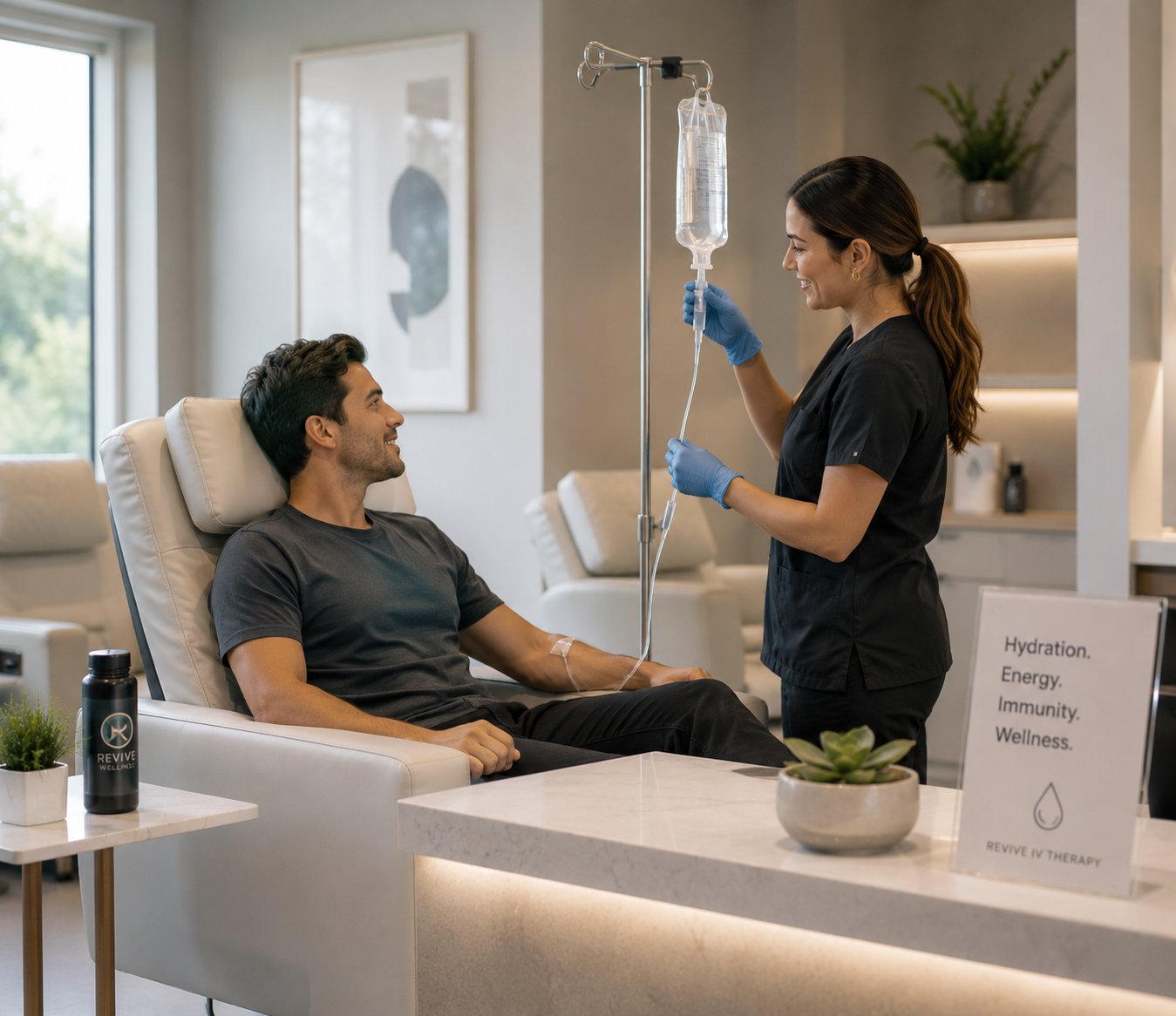 Clinician greeting a patient during an IV therapy session