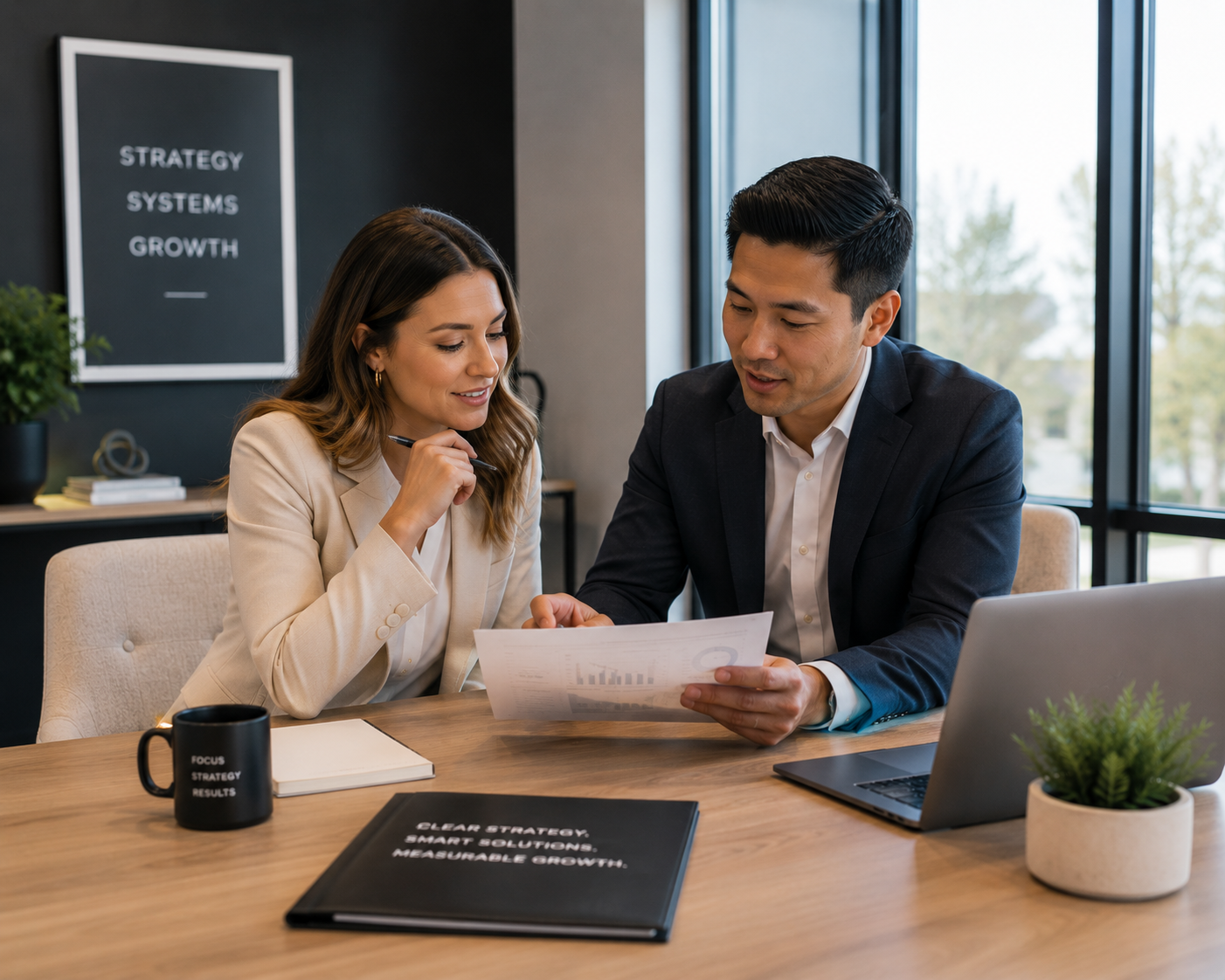 Advisors reviewing a performance report together in a modern office