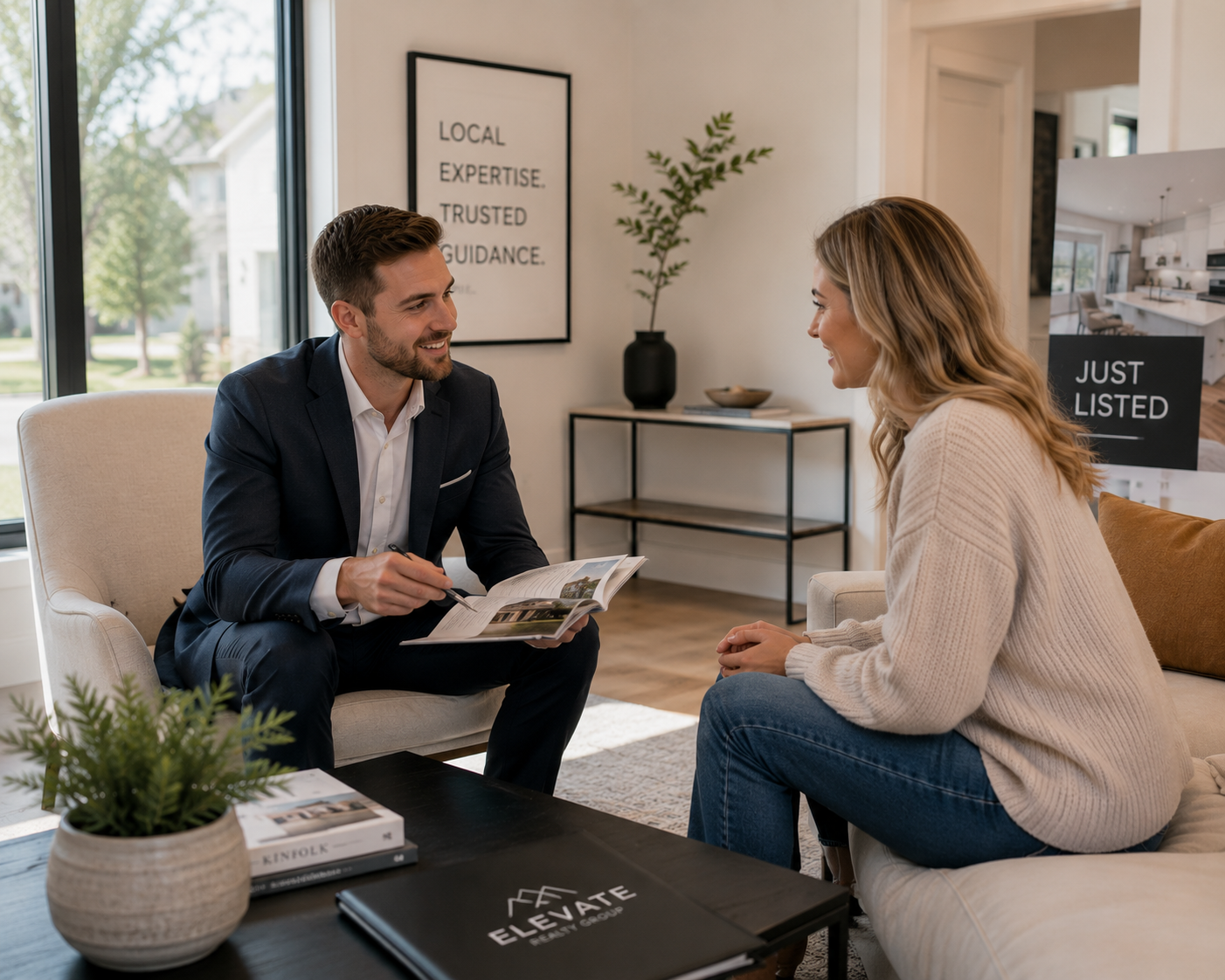 Real estate agent reviewing a listing brochure with a client